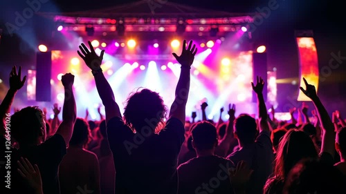 Wallpaper Mural Into the Night: A sea of silhouettes raised in ecstatic celebration against a vibrant backdrop of stage lights, capturing the electric energy of a live music performance. Torontodigital.ca