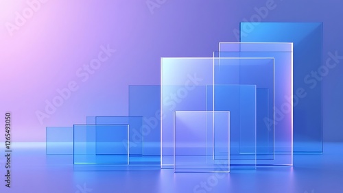 3d abstract glass square shapes in row. Iridescent crystal transparent plates, flying rainbow panels with holographic gradient, dispersion light for ui design, digital tech background. 3D illustration