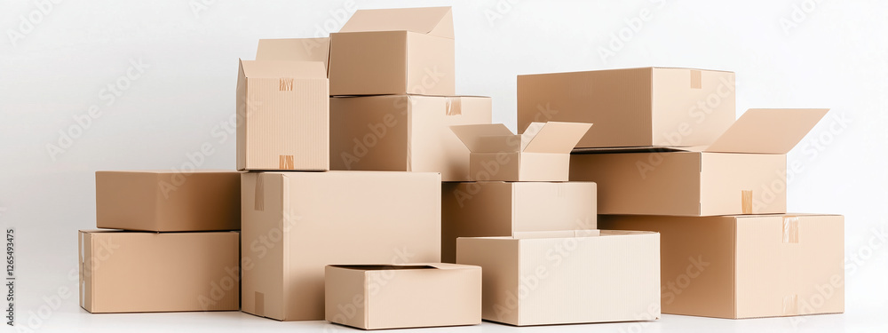 Empty cardboard boxes stacked in various sizes, ideal for shipping and storage solutions. These versatile boxes are perfect for home or office organization Empty cardboard boxes stacked in various sizes, ideal for shipping and storage solutions. These versatile boxes are perfect for home or office organization