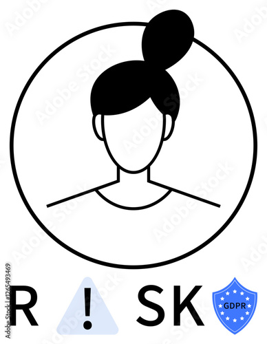 Female avatar within a circle, caution triangle between letters R and SK, GDPR compliance badge. Ideal for cybersecurity training, data privacy, compliance meetings, risk management, online courses