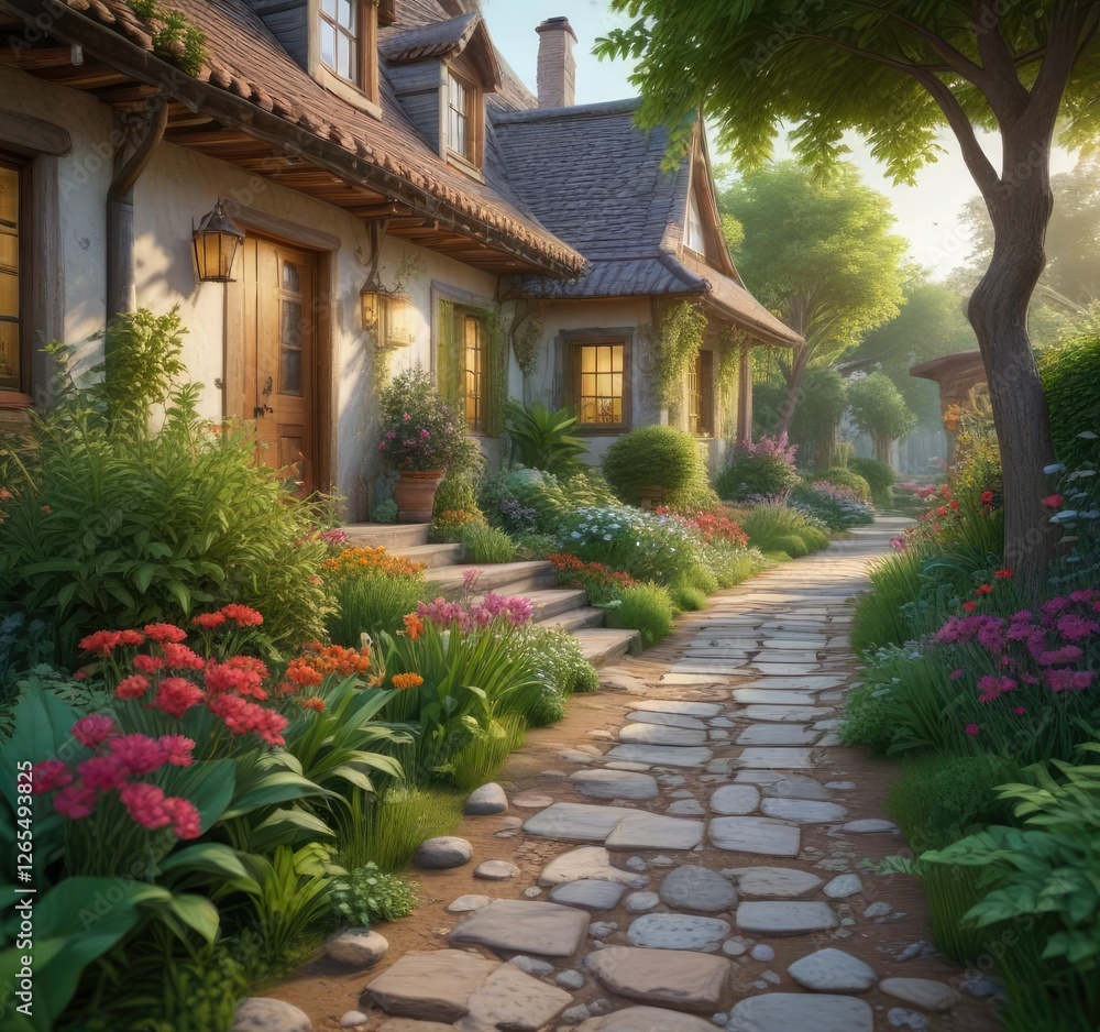 Fototapeta premium Tranquil garden path with a traditional house backdrop, garden path, greenery