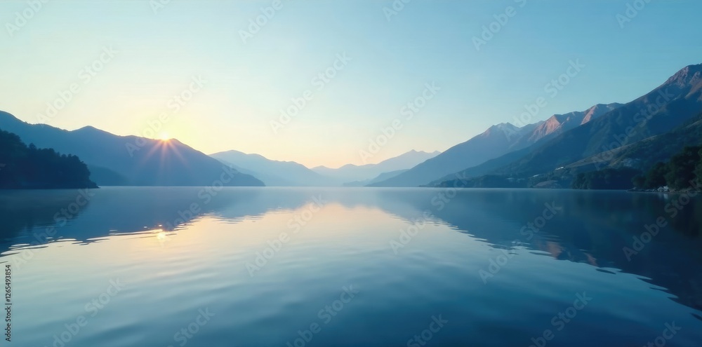 Tranquil lake waters reflect a clear blue sky at morning dawn, dawn, reflection Tranquil lake waters reflect a clear blue sky at morning dawn, dawn, reflection