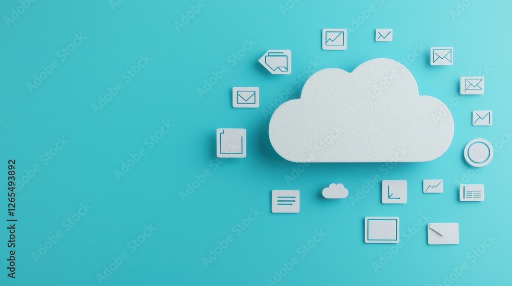 Backup Day concept. Floating Digital Cloud with File Storage Icons on Turquoise Background Backup Day concept. Floating Digital Cloud with File Storage Icons on Turquoise Background