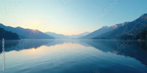 Tranquil lake waters reflect a clear blue sky at morning dawn, dawn, reflection