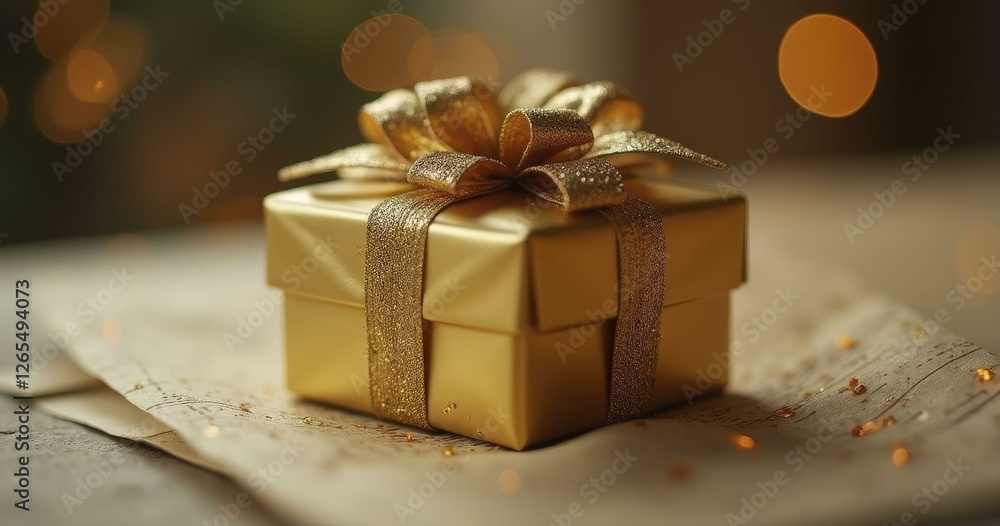 Shiny Gold Gift Box With Glittery Ribbon On Beige Fabric Shiny Gold Gift Box With Glittery Ribbon On Beige Fabric