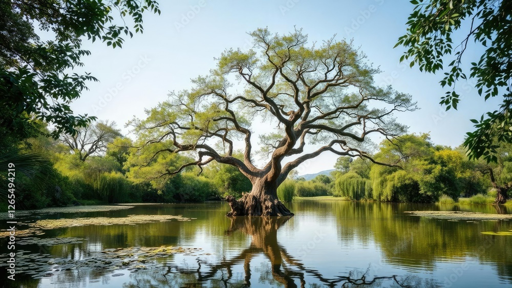 tree in a peaceful pond surrounded by greenery, peace, tree, reflection tree in a peaceful pond surrounded by greenery, peace, tree, reflection