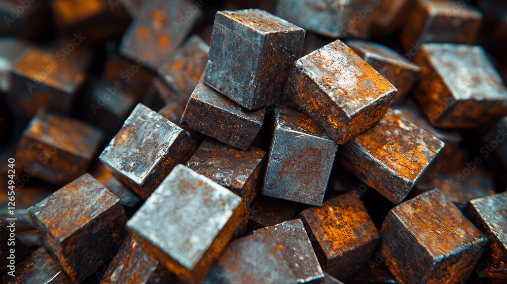 Rusty metal cubes stacked in chaotic arrangement Rusty metal cubes stacked in chaotic arrangement