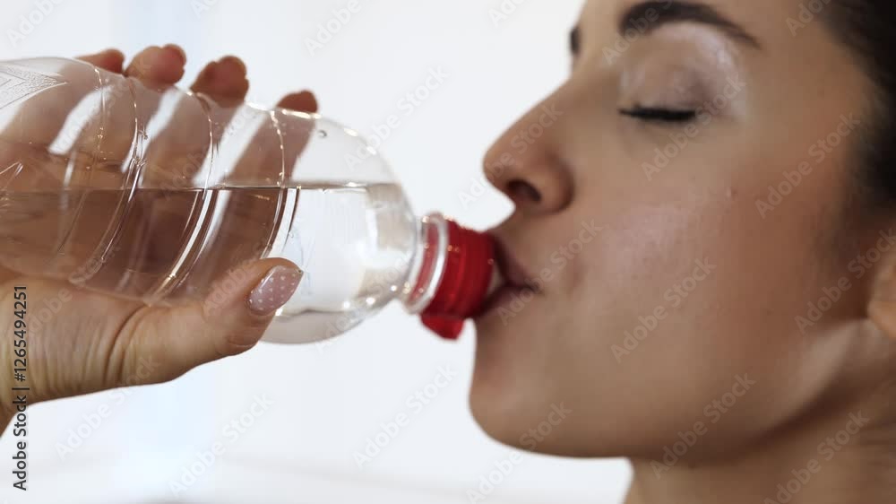 Young woman has workout at home during quarantine. Close up of slim fit girl drinking water after training. Enjoying hydtration. Young woman has workout at home during quarantine. Close up of slim fit girl drinking water after training. Enjoying hydtration.