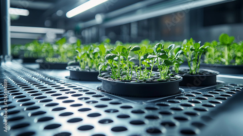 Growing plants in modern hydroponic system indoors photo