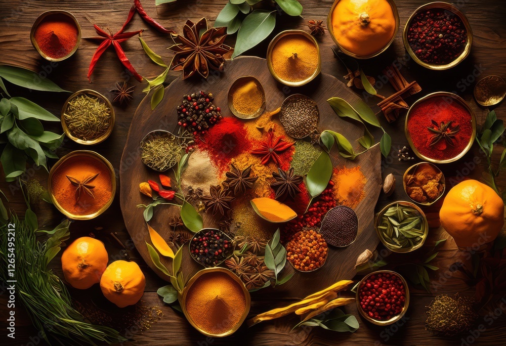 dynamic culinary layouts featuring vibrant spices colorful arrangements eye catching visual experience, aesthetic, basil, bright, chili, coriander dynamic culinary layouts featuring vibrant spices colorful arrangements eye catching visual experience, aesthetic, basil, bright, chili, coriander