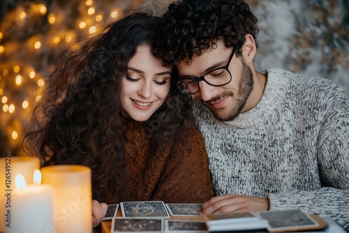 A couple reading tarot cards together by candlelight, creating a cozy and mystical atmosphere with warm glowing lights in the background