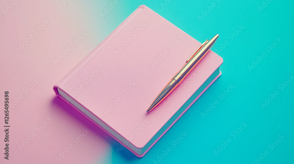 Pink Notebook and Gold Pen on Vibrant Background Pink Notebook and Gold Pen on Vibrant Background
