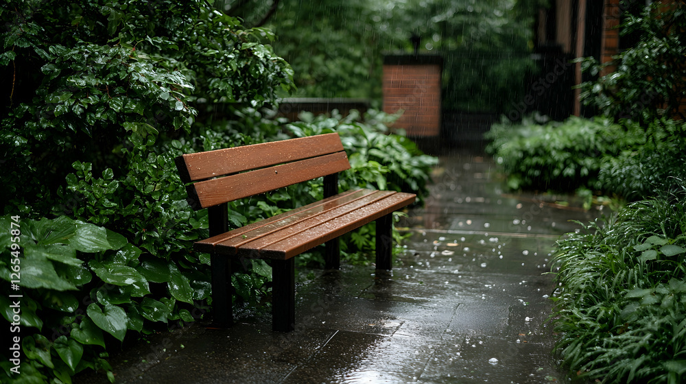 Rainy day park bench, stone path, lush greenery Rainy day park bench, stone path, lush greenery