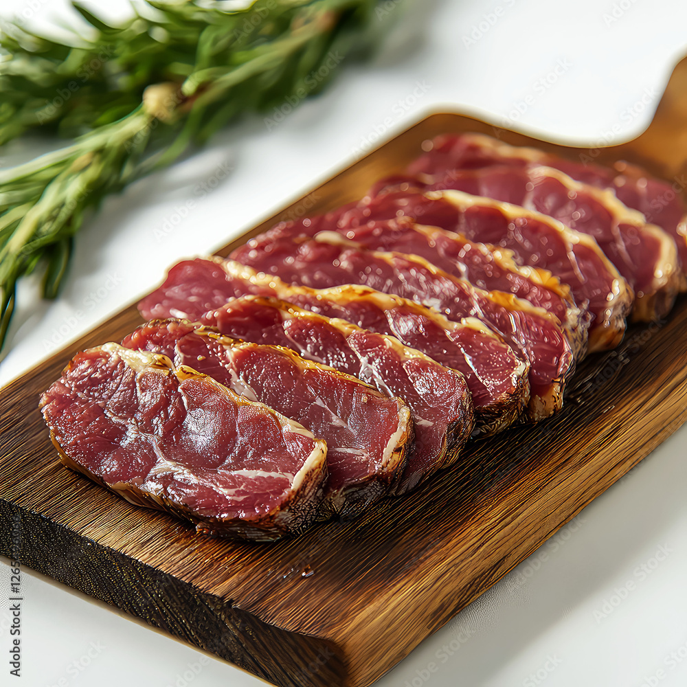 Savor the Exquisite: Succulent Slices of Roasted Meat on Rustic Wooden Board Savor the Exquisite: Succulent Slices of Roasted Meat on Rustic Wooden Board