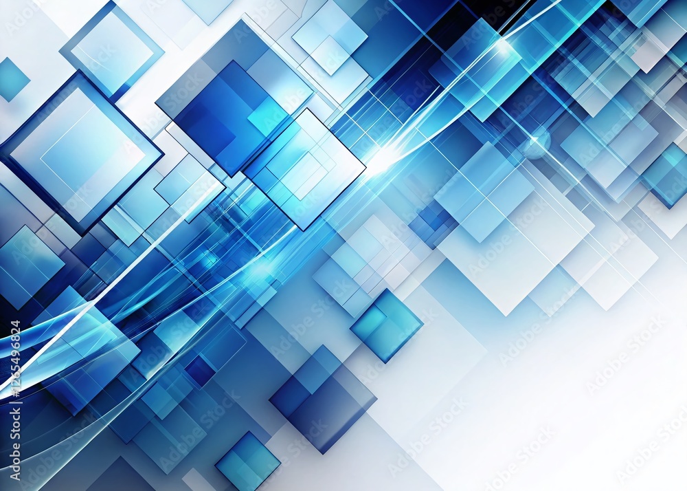 Abstract Blue Geometric Tech Background: Overlapping Squares & Curves, White Space Abstract Blue Geometric Tech Background: Overlapping Squares & Curves, White Space