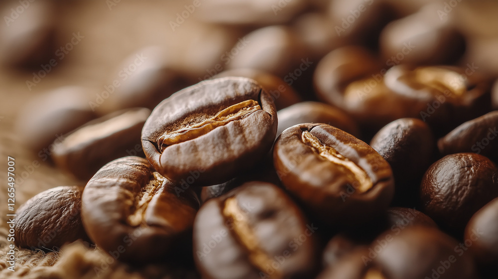 Fototapeta premium Roasted coffee beans close-up on rustic burlap background