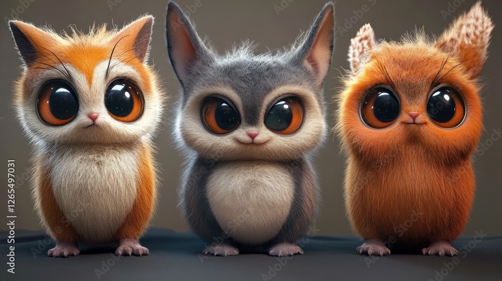 Fototapeta premium Cute cartoon animals, 3 stylized creatures, studio shot, soft fur, big eyes