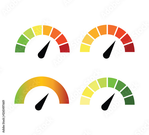 Speedometer, gauge meter icons. Vector scale, level of performance. Speed dial indicator . Green and red, low and high barometers, dashboard with arrows. Infographic of risk, gauge, score progress.