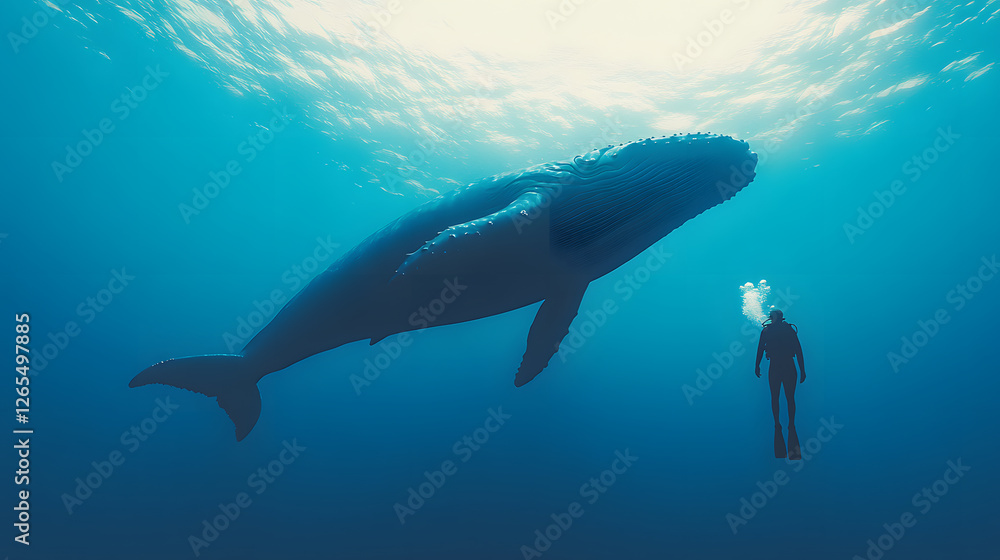 Obraz premium Underwater Encounter: A scuba diver swims beside a massive whale, bathed in sunlight filtering through the ocean surface.