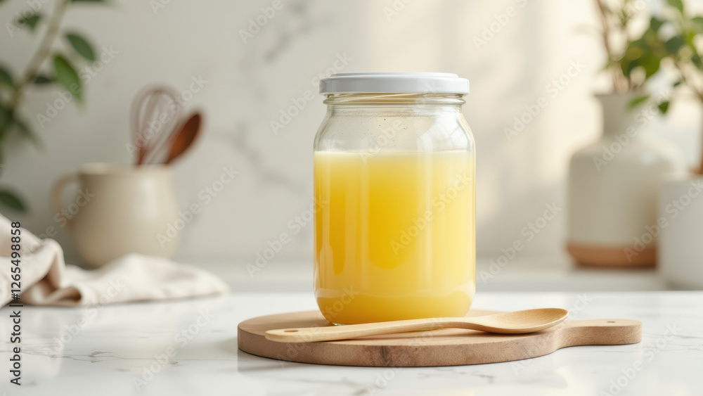 A jar filled with golden-yellow liquid, likely a type of oil or fat, resting on a wooden board surrounded by kitchen tools and decor. A jar filled with golden-yellow liquid, likely a type of oil or fat, resting on a wooden board surrounded by kitchen tools and decor.