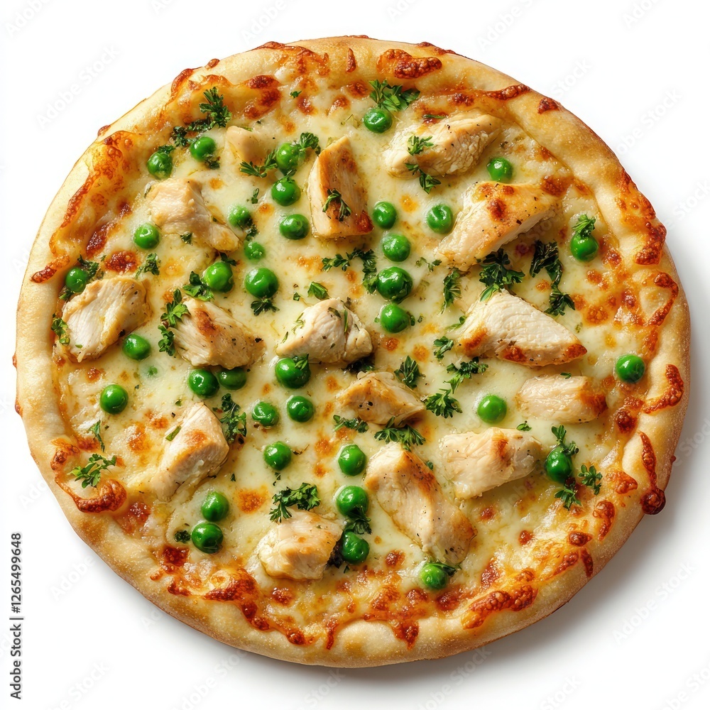A Brazilian pizza topped with catupiry cheese, chicken, and green peas A Brazilian pizza topped with catupiry cheese, chicken, and green peas