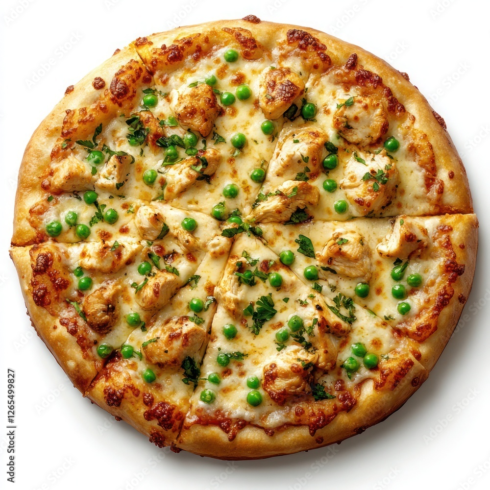 A Brazilian pizza topped with catupiry cheese, chicken, and green peas A Brazilian pizza topped with catupiry cheese, chicken, and green peas