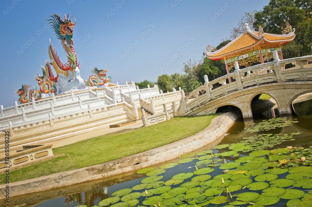 Chinese park with dragon statue in Nakhon Sawan, Thailand