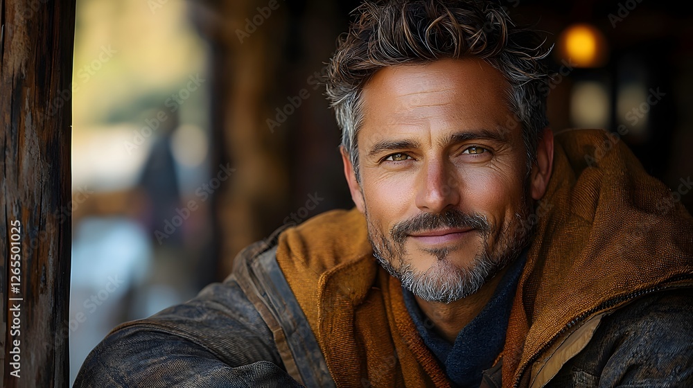 Rugged and Charming Mature Man Leaning on Rustic Fence Portrait of Handsome Middle Aged Male in Weathered Jacket Rugged and Charming Mature Man Leaning on Rustic Fence Portrait of Handsome Middle Aged Male in Weathered Jacket