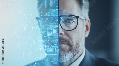 Futuristic concept of artificial intelligence and human integration, businessman with digital cyber interface split between human face and technology representing innovation and future computing photo