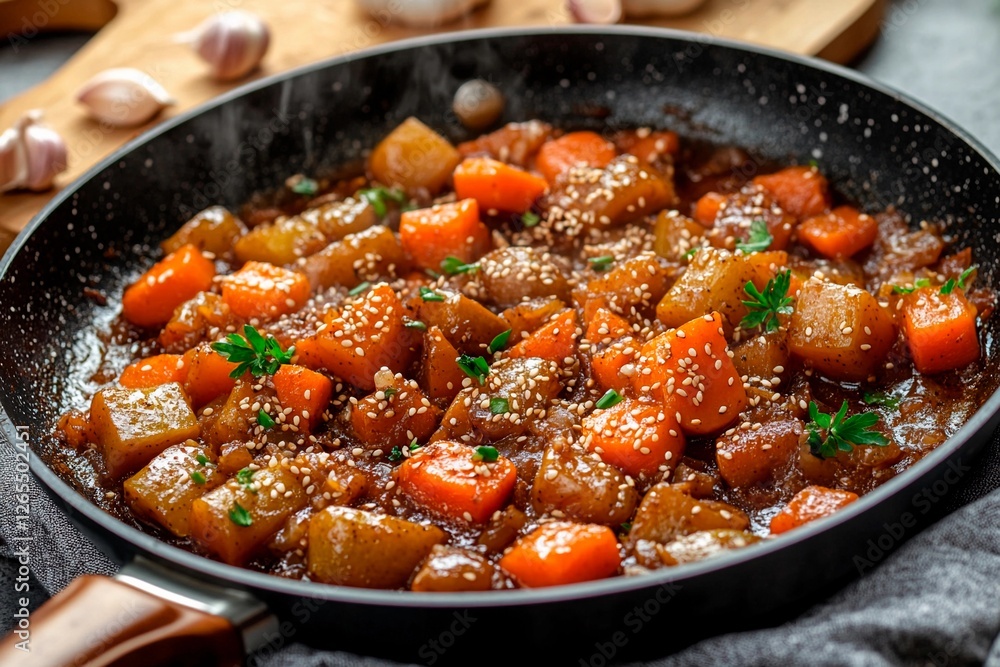 Savory autumn vegetable stew bubbling in a pan with fresh herbs and sesame seeds