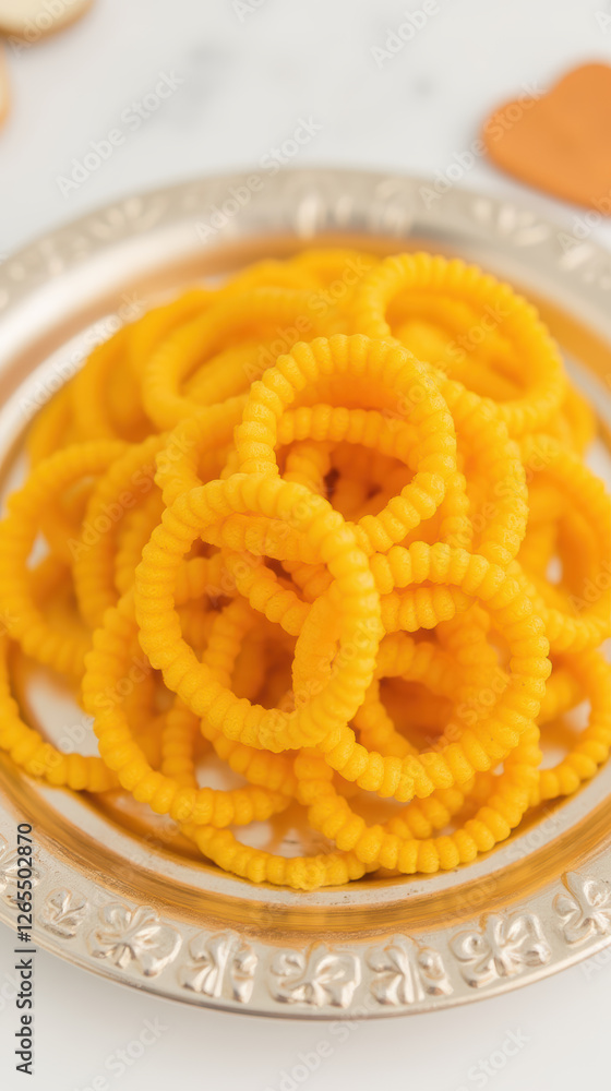 Crispy yellow snacks arranged on decorative plate, perfect for sharing Crispy yellow snacks arranged on decorative plate, perfect for sharing