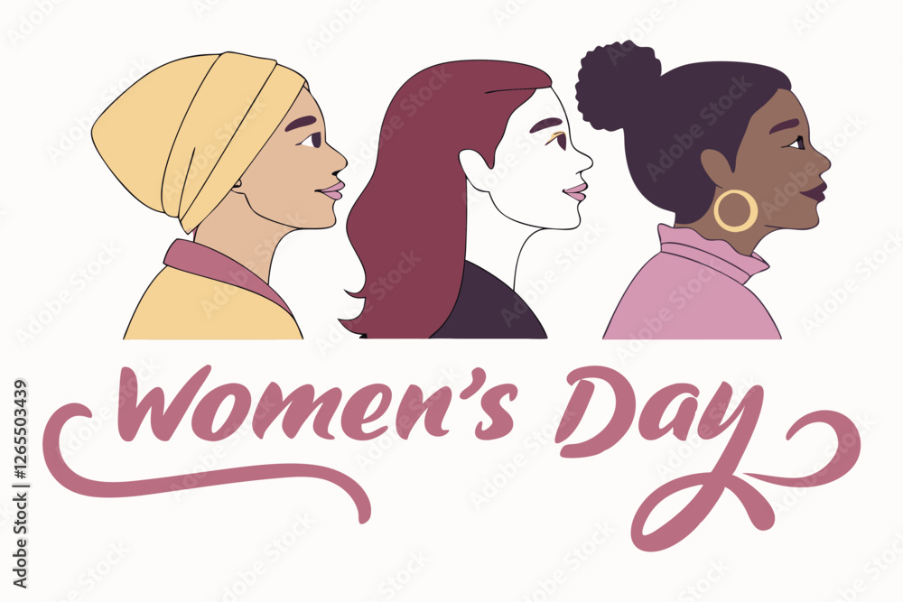 Minimalist Women's Day Vector with Diverse Women in Profile, Feminism and Equality Representation Minimalist Women's Day Vector with Diverse Women in Profile, Feminism and Equality Representation