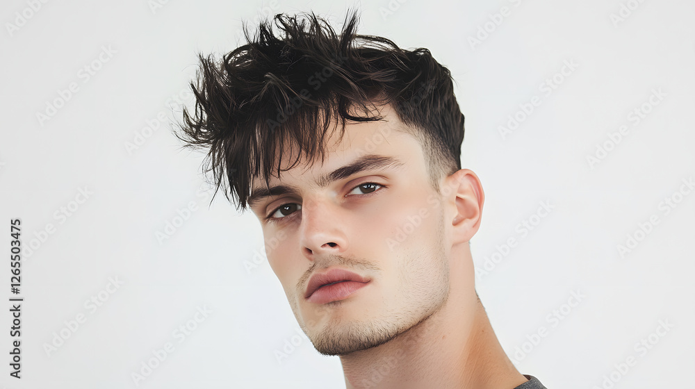 Fototapeta premium Striking young man with tousled hair and intense gaze, studio portrait. Modern hairstyle and clean look, perfect for fashion or beauty campaigns.