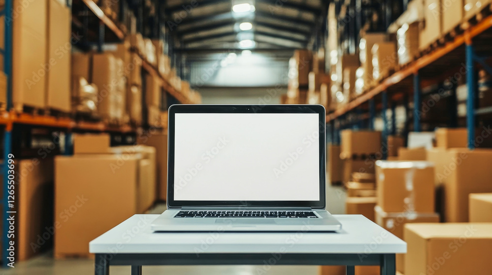 Workspace featuring a laptop on a table in a spacious warehouse setting Workspace featuring a laptop on a table in a spacious warehouse setting