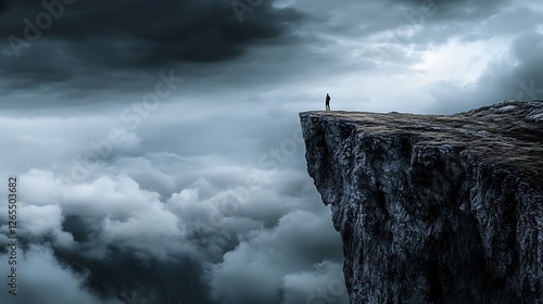 Solitary Figure on a Clifftop, Dramatic Cloudy Sky, Digital Landscape Art AI Generated