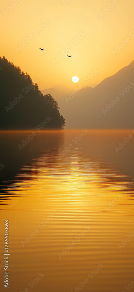 Naklejka premium Golden sunrise over a misty lake with birds flying and mountain silhouettes