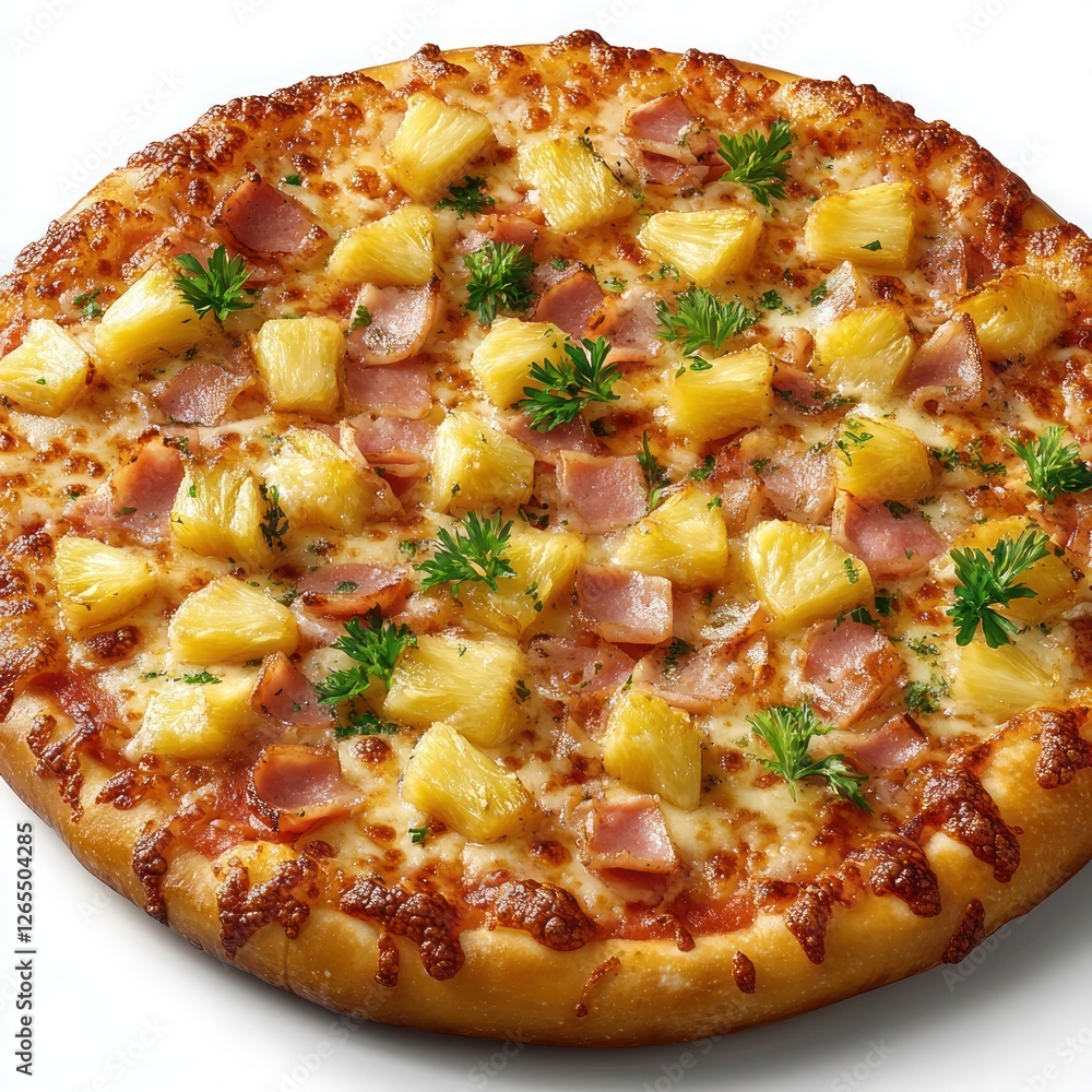 A Hawaiian pizza featuring sweet pineapple chunks, savory ham, and a golden cheese crust A Hawaiian pizza featuring sweet pineapple chunks, savory ham, and a golden cheese crust