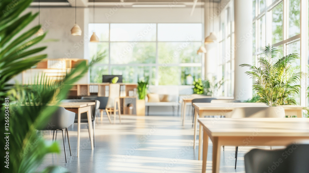 Modern office space featuring natural light and greenery for a tranquil work environment Modern office space featuring natural light and greenery for a tranquil work environment