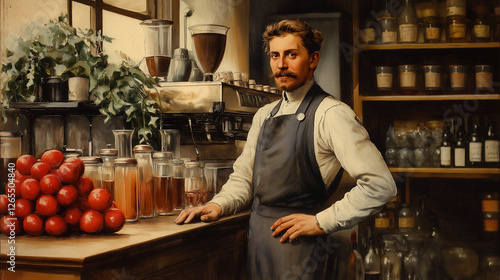 Vintage-style grocer standing behind a wooden counter.