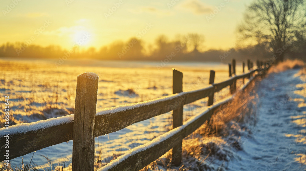 Fototapeta premium Countryside landscape with wooden fence at sunset during spring thaw
