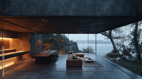 Modern concrete home interior overlooking misty fjord photo