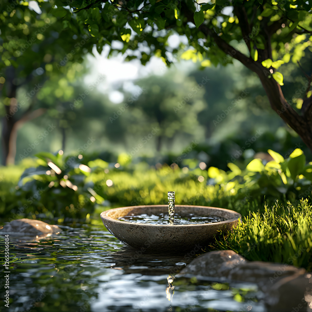 Stone Fountain in Lush Green Garden Stone Fountain in Lush Green Garden