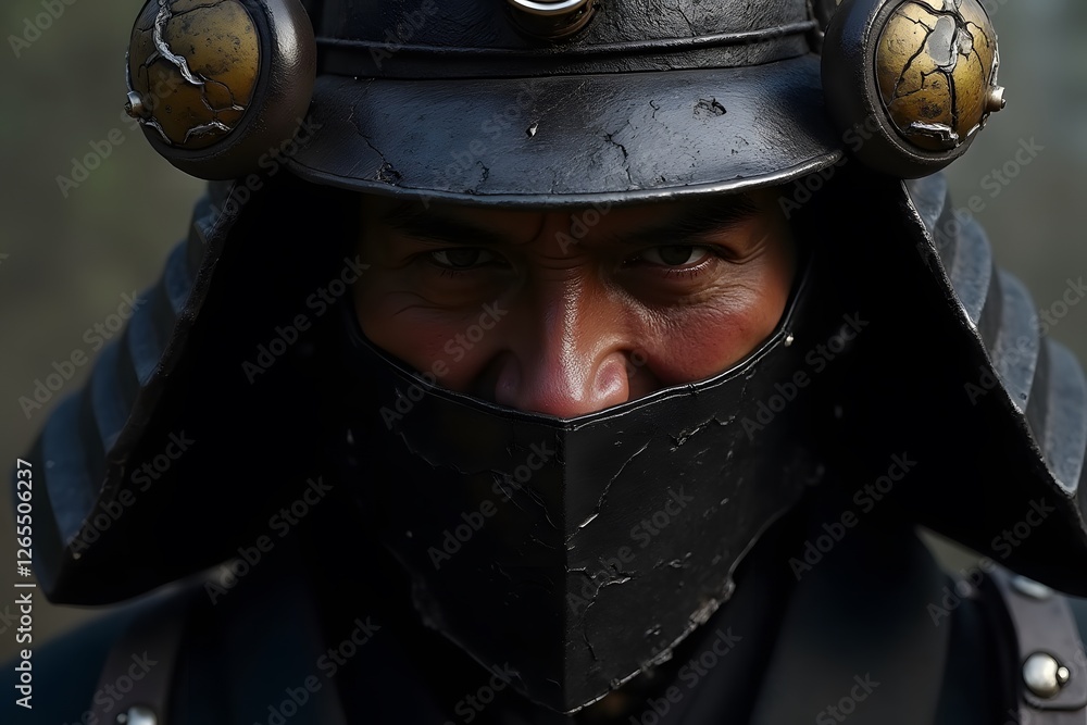 Fototapeta premium A hyper-detailed samurai’s face, half-covered by a cracked metal mask.