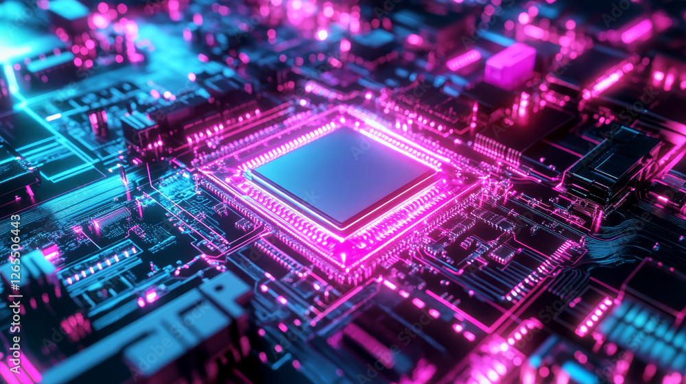 High-resolution CPU operation concept with cyberpunk-inspired neon aesthetics High-resolution CPU operation concept with cyberpunk-inspired neon aesthetics