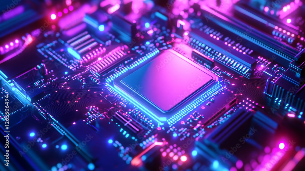 Exploration of high-tech processor operation with glowing neon circuits in vibrant colors Exploration of high-tech processor operation with glowing neon circuits in vibrant colors