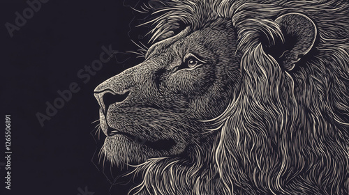 Intricate lion portrait in woodcut engraving style with dramatic contrast