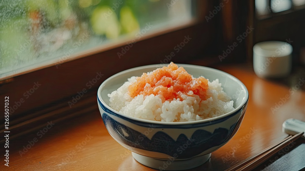 A cozy home setting with karashi mentaiko and freshly cooked rice, served in a traditional Japanese ceramic bowl A cozy home setting with karashi mentaiko and freshly cooked rice, served in a traditional Japanese ceramic bowl