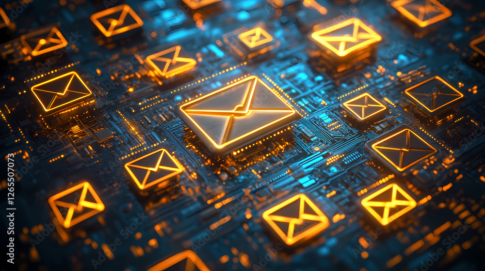 Circuit Board with Glowing Email Icons Circuit Board with Glowing Email Icons