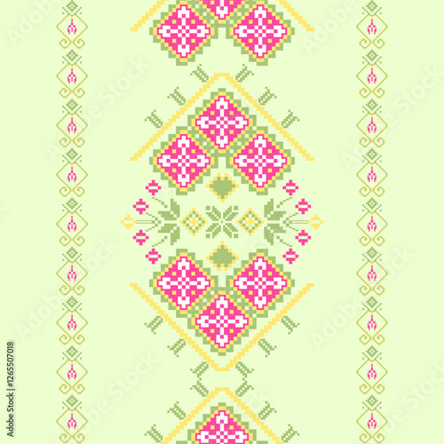 Cross-stitch pattern, pixelated flowers in shades of pink, green and yellow on a light background. Traditional embroidery from Eastern European textiles. Traditional Ukrainian craft.