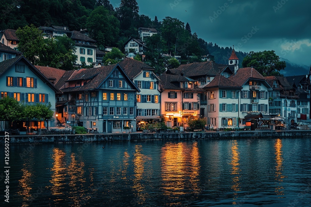 A photograph of row houses on the water in Switzerland, at night, with glowing windows A photograph of row houses on the water in Switzerland, at night, with glowing windows